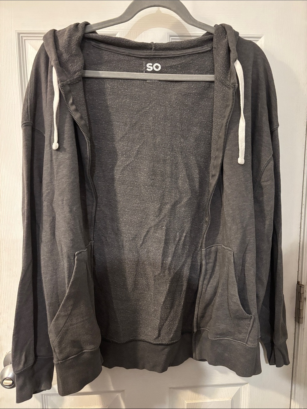 SO Men's Dark Gray Zip-Up Hoodie with White Drawstrings